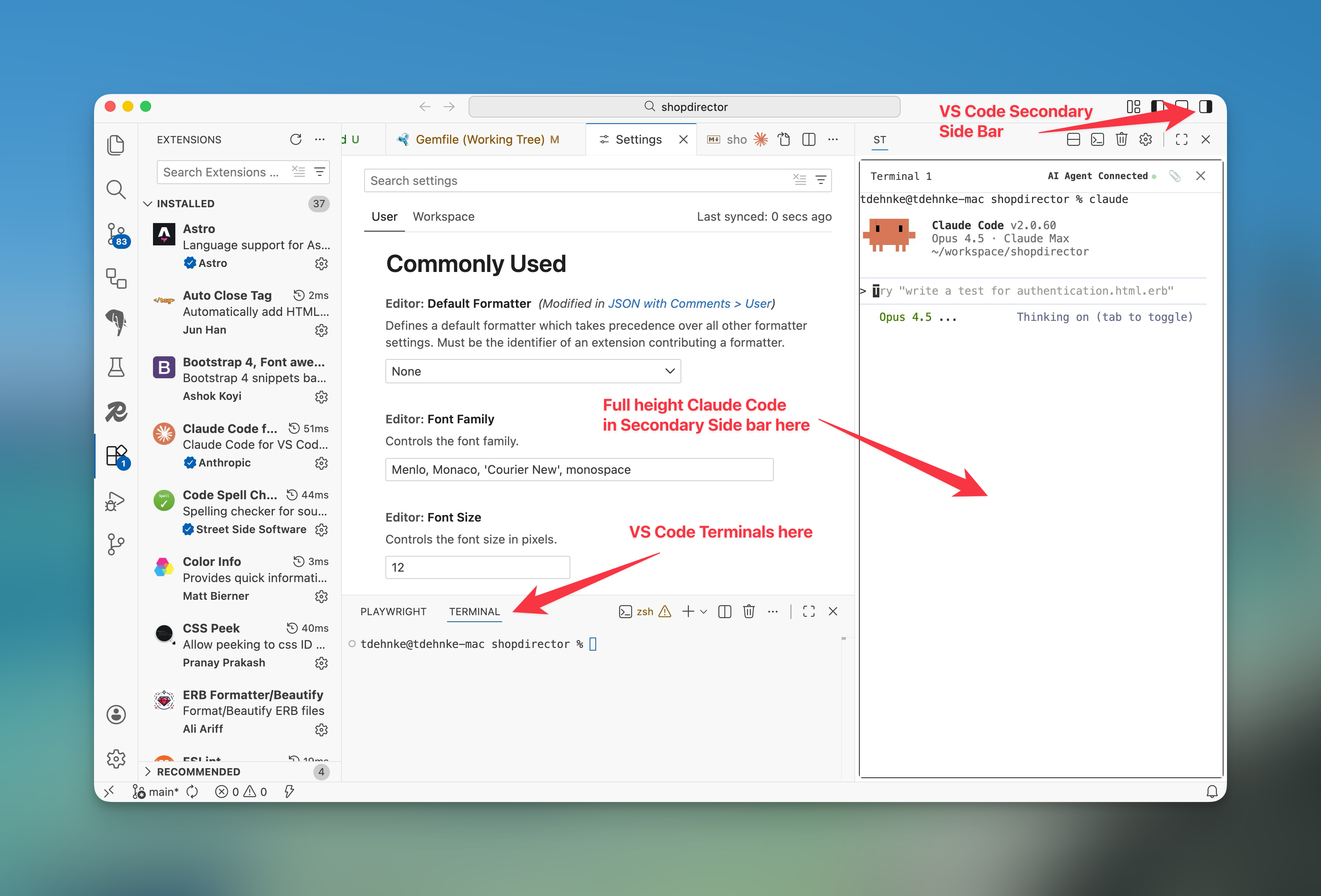 VS Code with Claude Code CLI running in the Secondary Side Bar using the Secondary Terminal extension