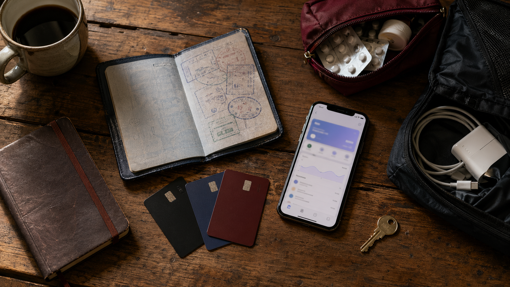 Overhead flatlay of a digital nomad's backup kit on a worn wood table — passport with travel stamps, three unbranded credit cards, smartphone showing a banking app, a red med pouch with pill blisters, a packing cube with USB-C cable and power adapter, leather notebook, brass key, and a mug of coffee.