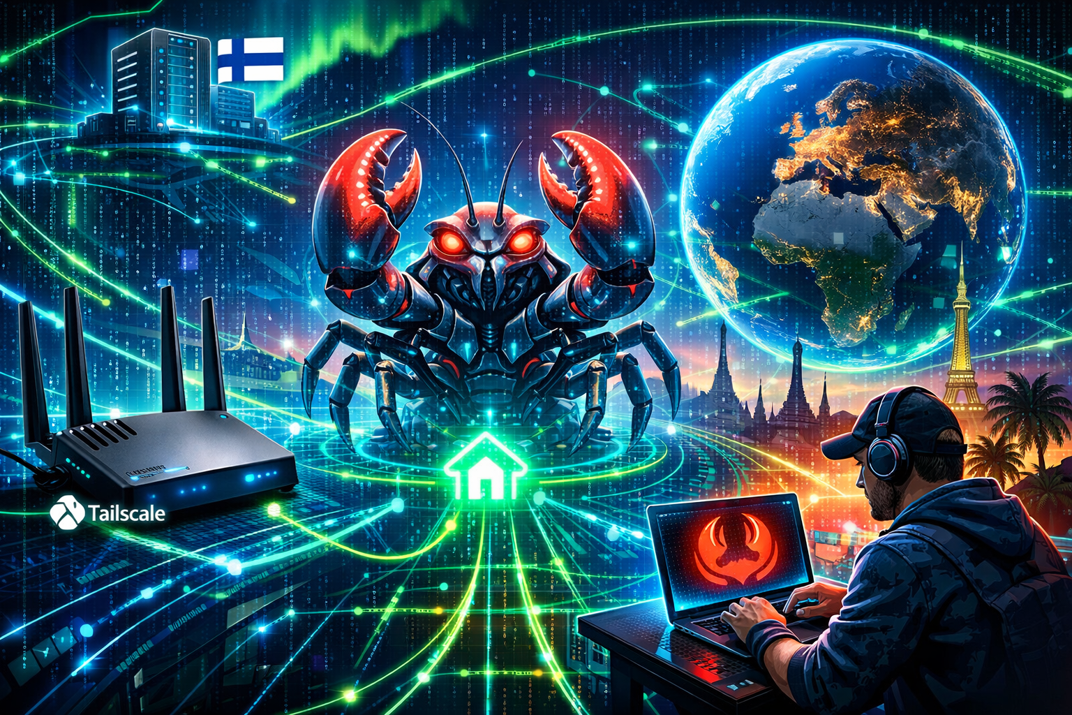 Digital nomad routing VPS browser traffic through a travel router to get a residential IP, with Openclaw crab logo, Tailscale, and global network visualization